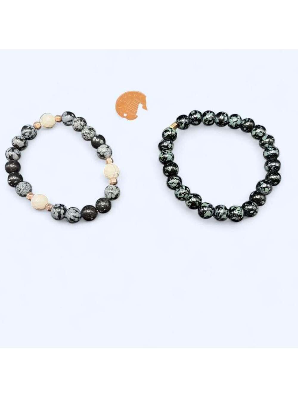 Set of 2 Gemstone Beaded Stretch Bracelets - Snowflake Obsidian